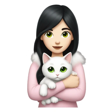 girl with pale skin, very long dark black hair and green eyes and light pink outfit hugging a white fluffy scottish cat sticker