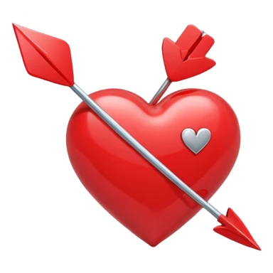 Apple-style 3D illustration of a glossy red heart pierced by a horizontal double-ended arrow. One end of the arrow has a small female symbol, the other end has a small male symbol. The heart is centered, shiny, with soft shadows, floating on a clean white background, minimal and emotional design sticker