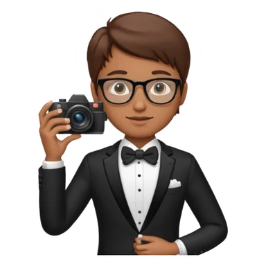 Un fotógrafo con pelo moreno, gafas, cámara en la mano derecha, fotografiando una boda sticker