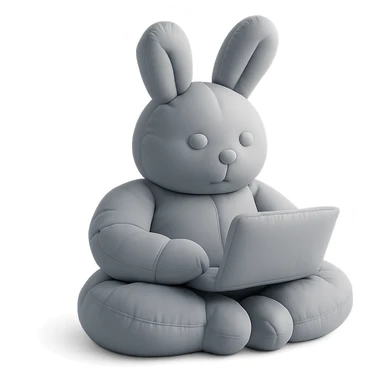 gray bunny sitting cross-legged with laptop in cushion style sticker