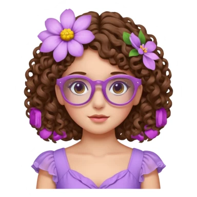 Menina branca de cabelo cachado castanho partido de lado com uma flor no cabelo  e vestido lilás com um óculos rosa claro sticker