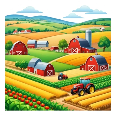 colorful rural landscape, inspired by farming simulators like Farming Simulator 22. The design shows fields, tractors, and barns, with vibrant crops and animals in the background. The peaceful farming scene symbolizes the immersive experience of managing a farm, with a transparent background sticker
