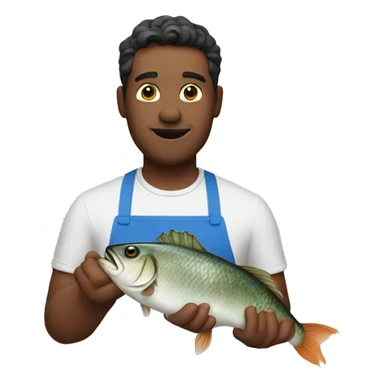 guy in a blue apron holding a fish sticker