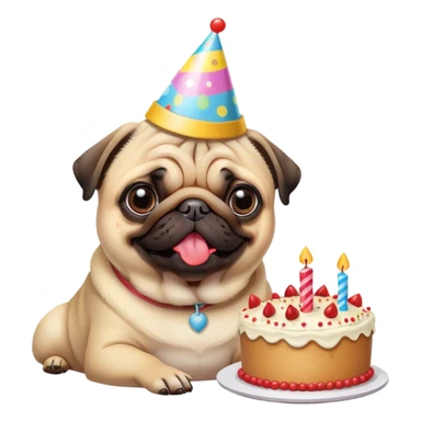 Pug with a birthday hat & a 15 year-old birthday cake eating chicken. sticker