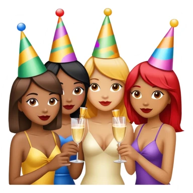 1 light brown girl, 1 dark brown girl, 1 asian girl, partying sticker