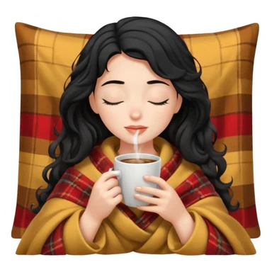 girl black hair wavy inside a blanket sipping coffee eyes closed sticker