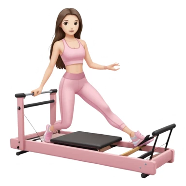 pretty white brunette teen long hair with hazel eyes and a small waist in light pink workout clothes on a pilates reformer sticker