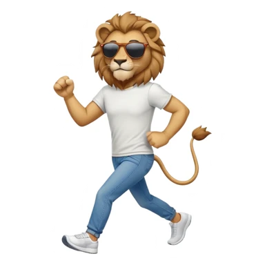 friendly anthropomorphised lion in jeans and a t-shirt, wearing dark sunglasses, jogging upright in standard pose sticker