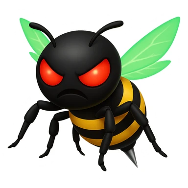 Create a menacing robotic bee with a black head and a syringe stinger, featuring green glowing energy wings. The style should resemble apple style emojis with concise details and vibrant colors. sticker