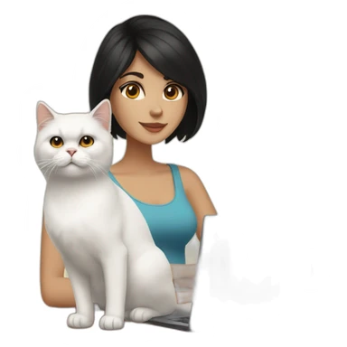 woman with black medium lenght hair and brown eyes with a laptop and a white and orange persian cat sticker