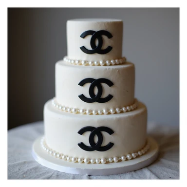 photorealistic tiered cake with Chanel logo patterns, pearls, and elegant black and white fondant, no background sticker