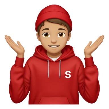 make me an emoji of an americain 15 yearold boy in a red hoodie that says "south" on it and give him with tan skin with his hands in his pockets with the sleevs pulled up grining with a jaw line sticker