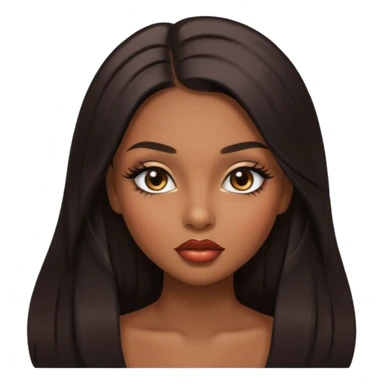 Glamourous, brown skin tone, very beautiful girl, with big plump shiny lips, long long lashes, black straight smooth silky long hair, straight parting  hair, brown eyes sticker
