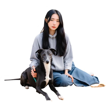 A very beautiful and attractive 25-year-old Japanese woman with long flowing black hair and a SOLID DARK GREY whippet sitting together on a beach during a beautiful sunset. The whippet MUST be COMPLETELY SOLID DARK GREY with ABSOLUTELY NO WHITE MARKINGS ANYWHERE - no white chest, no white face, no white paws, no white tip on tail - ENTIRELY ONE SOLID DARK GREY COLOR throughout the entire dog. Orange and red sunset sky over the ocean, sandy beach in the foreground. sticker