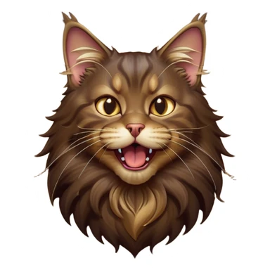 Cinematic Cute Dark Brown Maine Coon Cat Portrait Emoji, Head tilted playfully and yawning, sleek deep brown and gold tones with subtle hints of black, Simplified yet adorable features, highly detailed, glowing with a warm, friendly glow, high shine, curious and affectionate, stylized with a touch of whimsy, bright and alert, soft glowing outline, capturing the essence of a mischievous yet loving kitten, so endearing it feels like it could leap out of the screen and stretch with its fluffy tail swishing! sticker