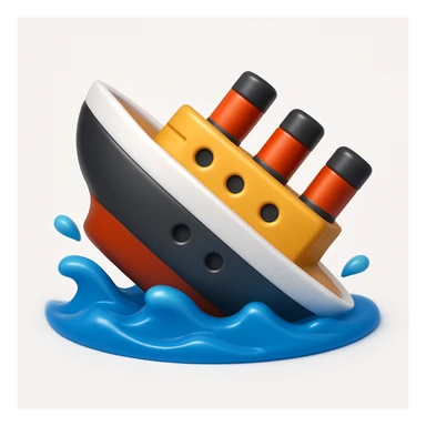 A 3D emoji in iOS emoji aesthetic style of a sinking ship, half-submerged in blue ocean water, tilted downward with small waves around, soft lighting and glossy Apple-style finish, clean white background.


 sticker