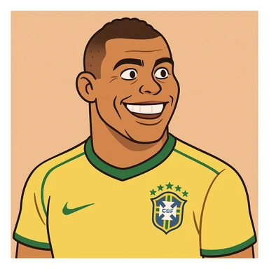 cartoon illustration of Ronaldo Fenômeno, the famous Brazilian footballer, smiling, with his iconic short hair and Brazil jersey sticker