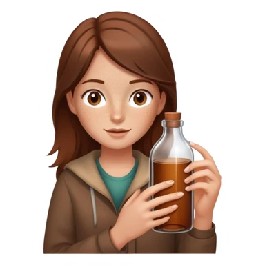 A girl with a very beautiful bottle, the girl is wearing brown clothes, has fair skin, brown hair and freckles sticker