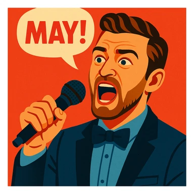 vibrant toon style Justin Timberlake with microphone, saying 'May!', realistic expression, bold colors sticker