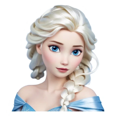 Cinematic Realistic Elsa Portrait, depicted with lifelike skin texture, soft natural lighting, and intricately detailed platinum blonde hair styled elegantly. Her striking, expressive blue eyes exude confidence and grace, complemented by a serene and regal expression. She is dressed in her signature icy attire, with shimmering fabric textures and delicate folds that catch the light beautifully. The portrait features a soft, enchanting glow with a cool, radiant finish, capturing the essence of timeless elegance in a realistic and painterly style, evoking a sense of depth and authenticity. sticker