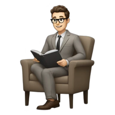 Pale skinned Fit Man With dark brown hair in gray jacket, beige office shirt, Brown pants and vintage glasses sitting In a soft chair with a notebook with emblem Ψ and a pen in his hands sticker