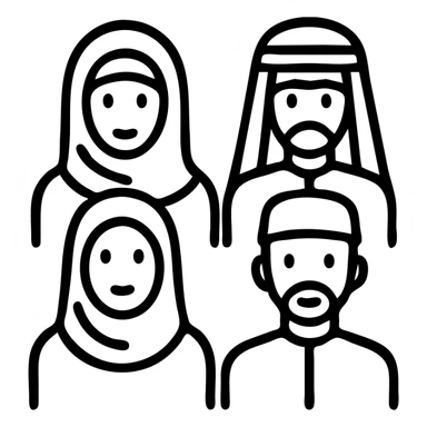 icon of a group of diverse Islamic people including men and women in traditional attire, modern icon style, simple and inclusive, no text sticker