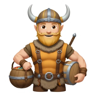 A jovial Viking with round belly, horned helmet, and hearty smile while carrying supplies.
 sticker