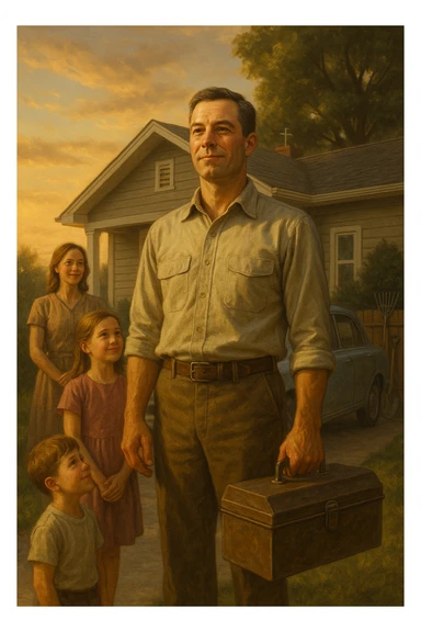 Uomo tra i 35 e i 45 anni, in piedi con postura fiera davanti alla sua casa, circondato dalla famiglia: moglie e figli lo guardano con rispetto e affetto. Indossa abiti semplici ma ordinati, simbolo di lavoro e stabilità (camicia, pantaloni, magari una cassetta degli attrezzi o una valigetta vicino). Sullo sfondo elementi che richiamano i suoi ruoli: casa ordinata, auto familiare, strumenti di lavoro, simboli di protezione e presenza. Espressione serena, forte ma accogliente. Colori caldi, luce naturale del tramonto. Stile realistico, atmosfera rassicurante e simbolica sticker