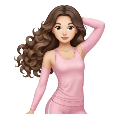 beautiful brunette with a light balayage white girl with nice defined and long curls , very long hair, clean girl makeup STRETCHING IN LIGHT PINK GYM sticker
