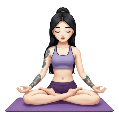 Yoga girl on a mat with white skin, long black hair and eyes closed, with just left arm tattooed sticker