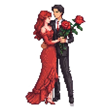 pixel art emoji of a Spanish tango couple, man in black suit and red rose, woman in flowing red dress, one leg extended, close embrace, elegant and expressive, small and cute sticker