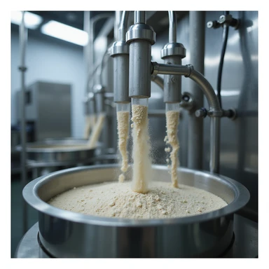 industrial stainless steel machinery extracting and purifying dried pig thyroid, transparent tubes showing powder flow, sterile atmosphere, technical details, hyperrealistic 4K sticker