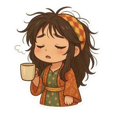 Kurdish man or woman in jamadani, cartoon style, sleepy or tired, messy hair, holding a cup, longing expression, no text sticker