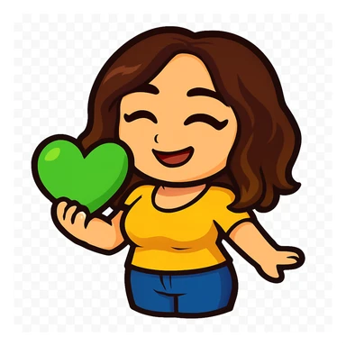 Sticker style chibi emote, matching the attached green heart emote as a base, but with a slightly skinnier body and a bigger chest. Woman from reference, yellow blouse and blue jeans, laughing with eyes closed, cute happy face, no headband, no wand, transparent background. Top color should not match jeans. sticker