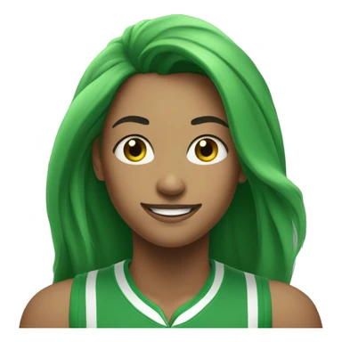 A woman in a green sports top with long green hair smiles broadly. Green eyes. Freckles sticker