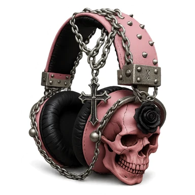 Add a silver chain, a gothic cross, and a black rose brooch to the realistic pink gothic headphones with sculpted skulls, leather texture, and silver studs. Keep the background transparent. Maintain the realistic pink gothic style with leather and silver details. sticker