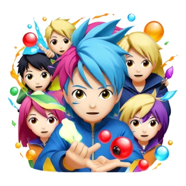 Icon for Anime: vibrant, dynamic scene with popular anime characters in action, featuring exaggerated expressions and colorful backgrounds. The design should reflect the distinct, energetic style of anime, with iconic eyes and unique visual elements. Transparent background. sticker