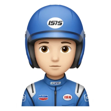 A light-skinned boy with short dark hair, wearing a blue racing helmet and an oval face with a neutral look. sticker