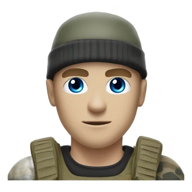 White male, call of duty black mask, camo tactical gear, combat boots, black beanie, blue eyes sticker