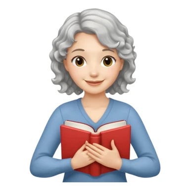 Silver hair, wavy/curly hair chin-length lady giving hug with 2 arms,  v-neck and smiling, add a favorite book sticker