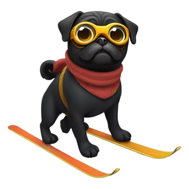 Black pug with a curly tail and goggles skiing on a snowy mountain sticker