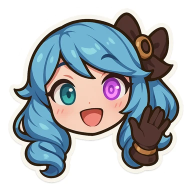 chibi style Gwen from League of Legends, only head, right eye glowing purple, waving gloved hand, cheerful and lively sticker