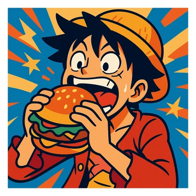 Luffy from One Piece eating a burger, vibrant, energetic, anime style sticker