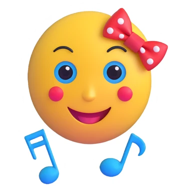 3D smiley emoji, large eyelashes, red polka dot bow, sad, teary eyes, blue eyes, musical notes sticker