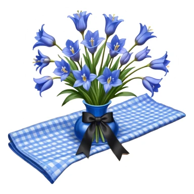 A lush bouquet of bright blue color bluebell black satin ribbon, resting on an antique wooden table, with a pale yellow and pink plaid pattern table cloth sticker