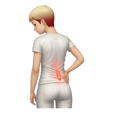 A realistic medical illustration of a person standing and holding their lower back in pain. A soft red glow highlights the lower back area to indicate soreness. The person has a natural expression of discomfort. Clean white background, even lighting, clinical style, full body view. sticker