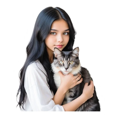 Beautiful girl with long black hair hugs a gray and blond mixed breed cat sticker