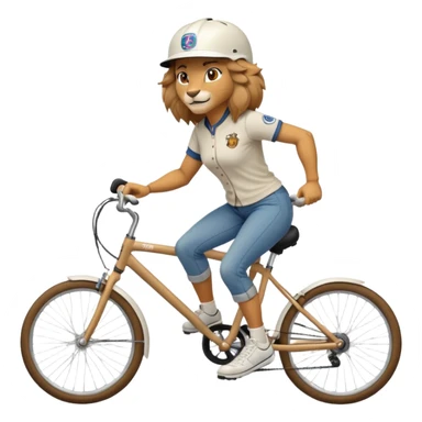 confident anthropomorphised female lion wearing a baseball shirt, jeans, trainers, and a cycling helmet, riding a bicycle sticker