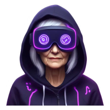 Russian old woman wearing a black hoodie with "OMG" letters on it and VR headset in a cyberpunk VR environment with violet neon lighting. sticker