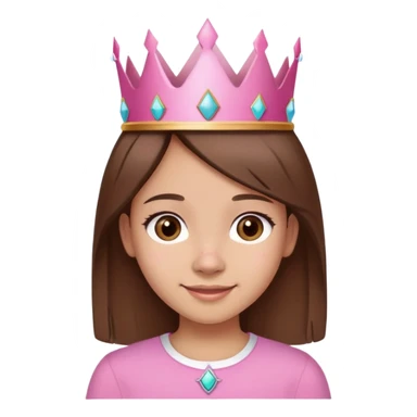 girl with straight brown hair, brown eyes, wearing a pink shirt and a crown, with a birthmark on the left side of her nose, smiling, birthday theme sticker